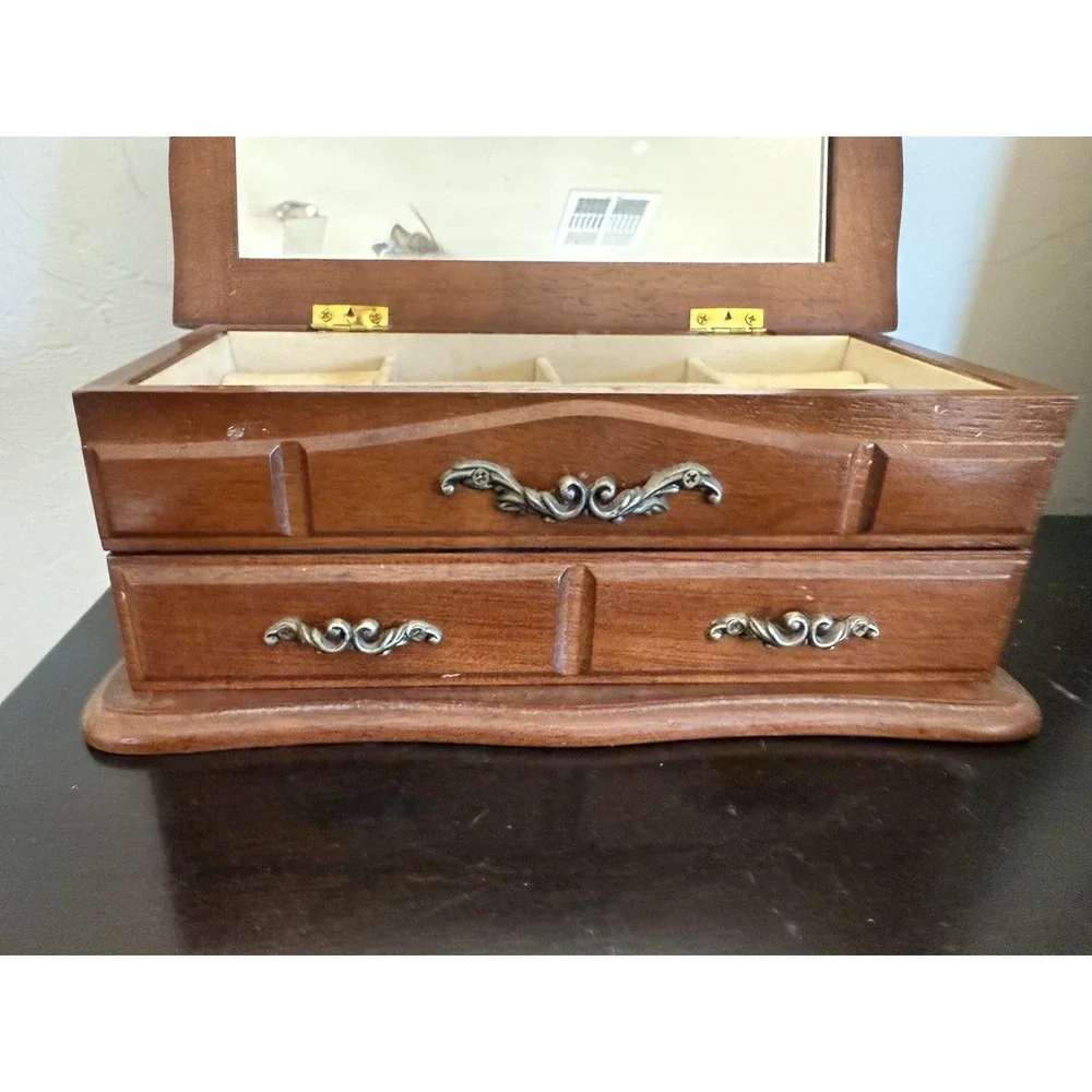 Vintage Wooden Velvet Lined Jewelry Box Drawers Mirror Inside Lid 4 x 5 x 10